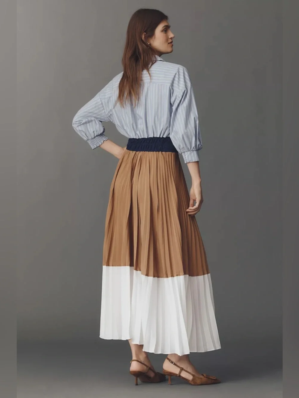 NWT Anthropologie Somerset Colorblock Pleated Twofer Maxi Dress Blue Tan XSP - Picture 3 of 4